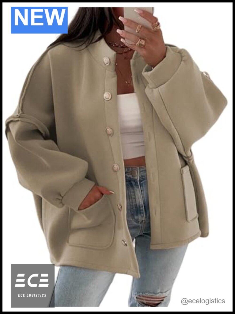 Oversized Button Down Jacket Lantern Sleeve Wool Blend Coat